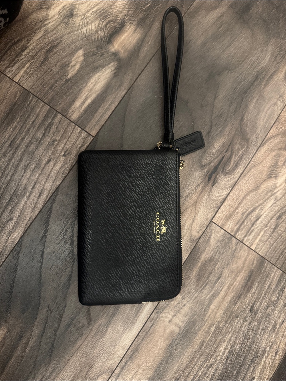 Coach Black Leather Wristlet with Gold Logo